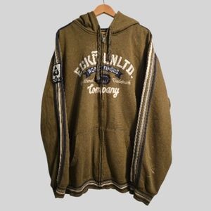 Y2K Ecko Unlimited Zip-Up Hoodie Men's 3XL Olive Lucky 13 Rhino Streetwear VTG